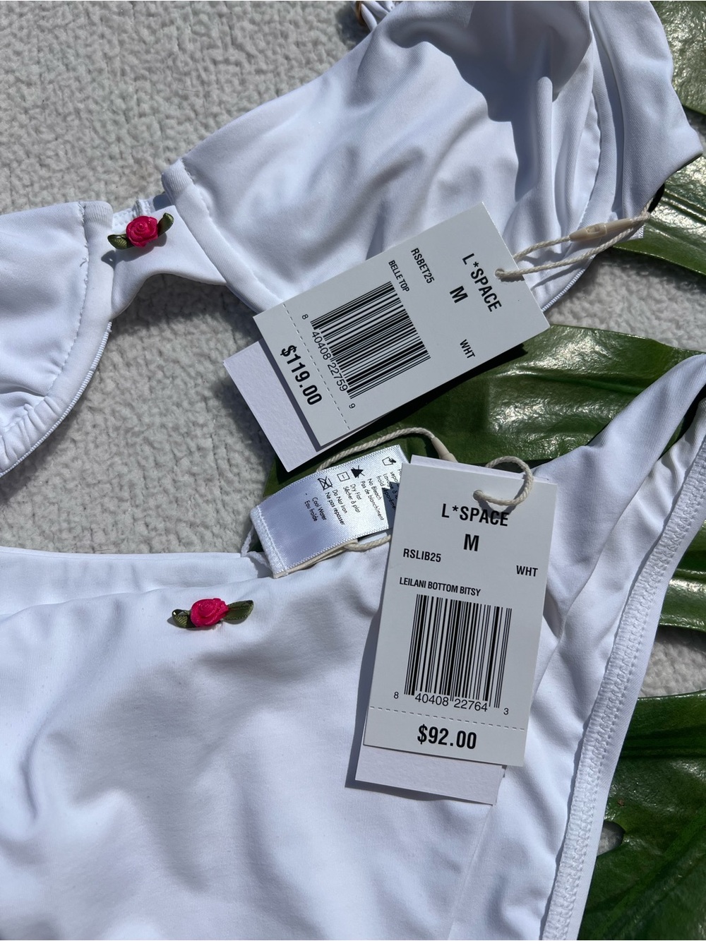 L*Space Belle Bikini Top + Leilani Bitsy Bottom Set White Rose Trim NWT Medium - Picture 9 of 10